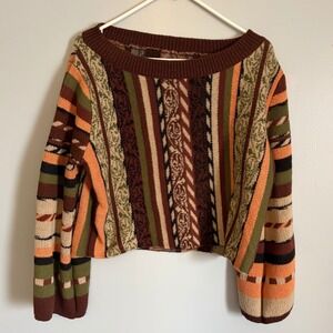 Romwe Women 2XL Cropped Knit Sweater Multi Color Stripe Boho Boat Neck Brown XL